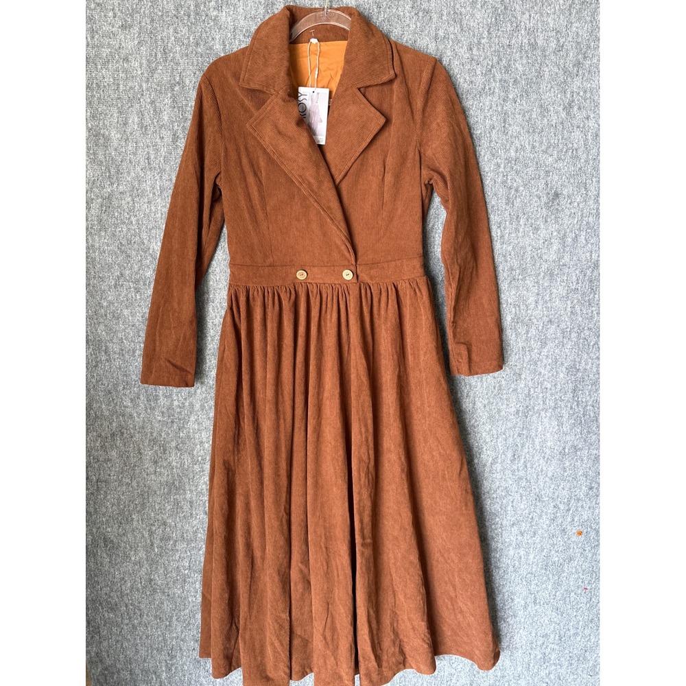 OYROSY Rust Brown Corduroy Midi Dress Long Sleeve Notched Lapel Size Small NEW